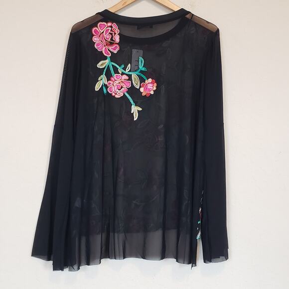 Elvi Black & Pink Flower Embroidered Long Bell Sleeve Mesh Sheer Blouse Plus 14 - Picture 3 of 8